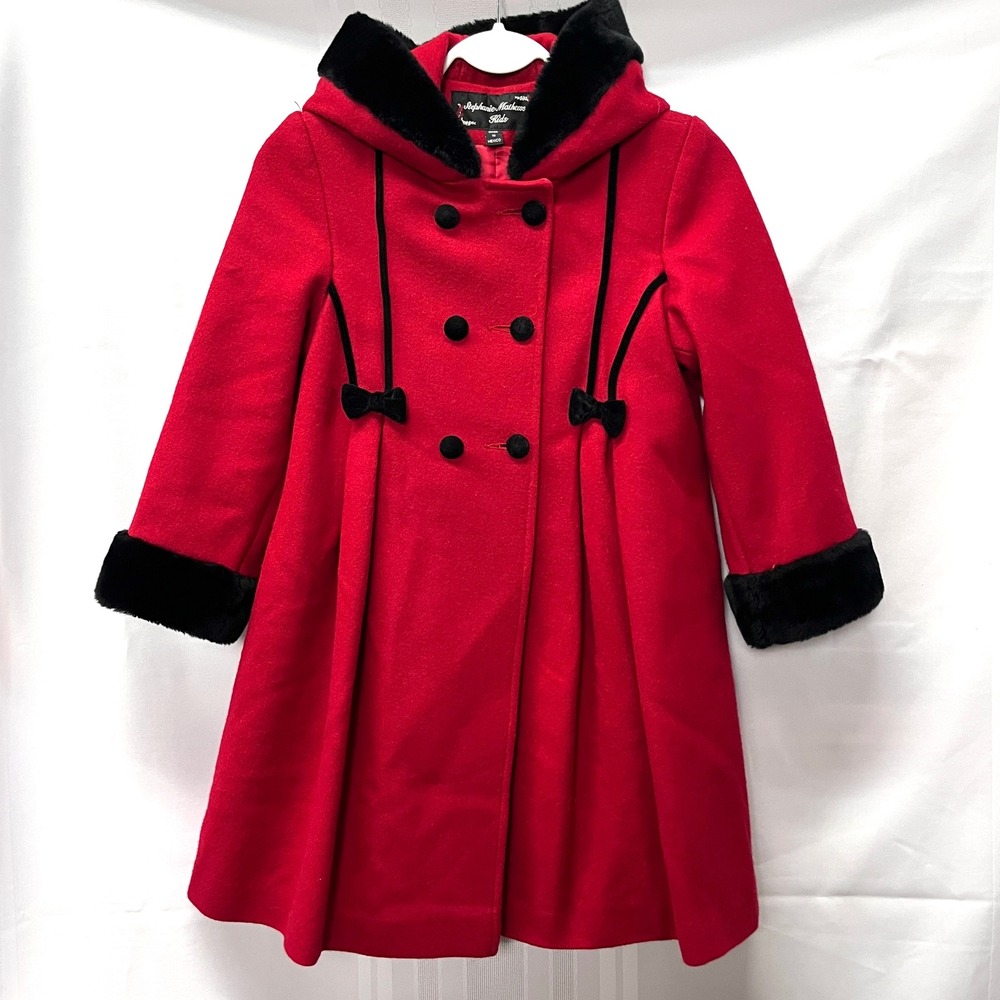 Stephanie Mathews Girls Red Wool Hooded Dress Coat Faux Fur Velvet Bows 6X READ